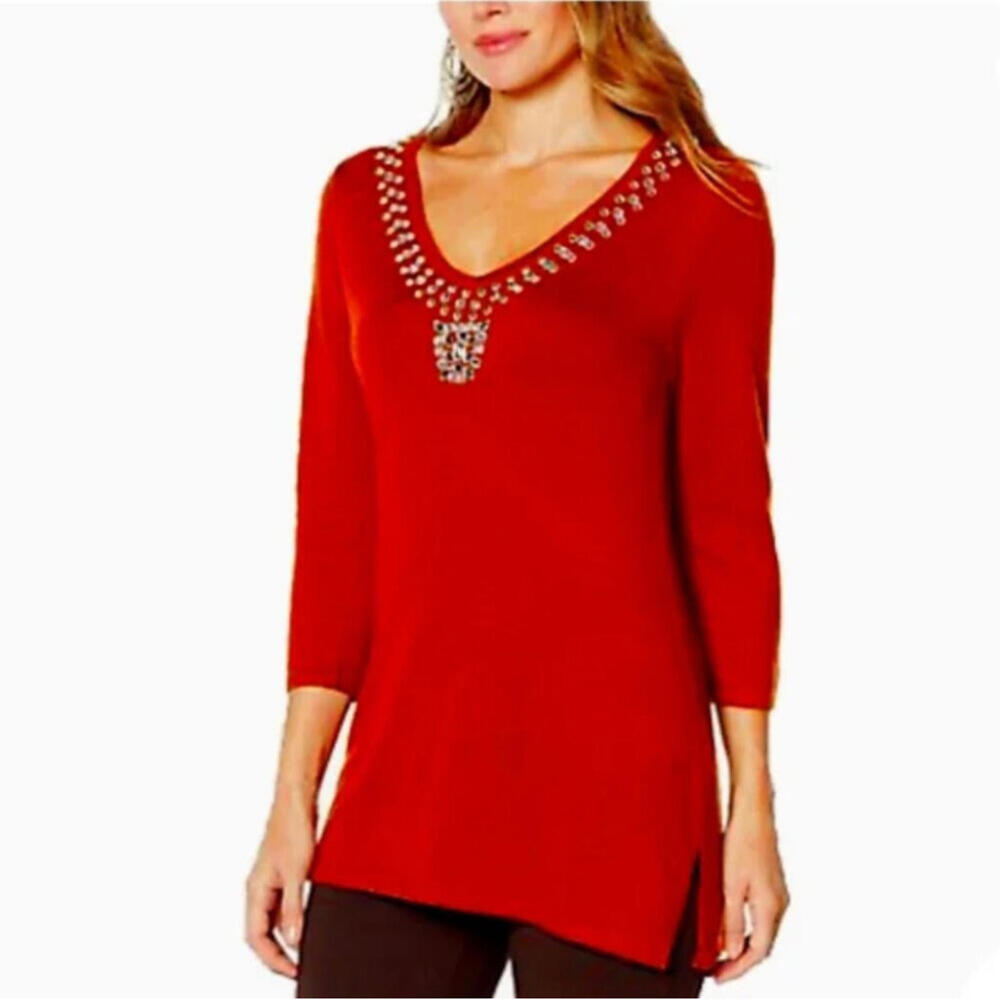 Iman Jeweled‎ Embellished "Touch of Cashmere" Sweater Tunic Red